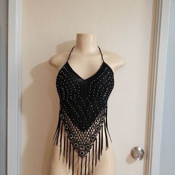 Chic Nation Tops - CROCHET KNIT BLACKTOP WOMENS MED/L